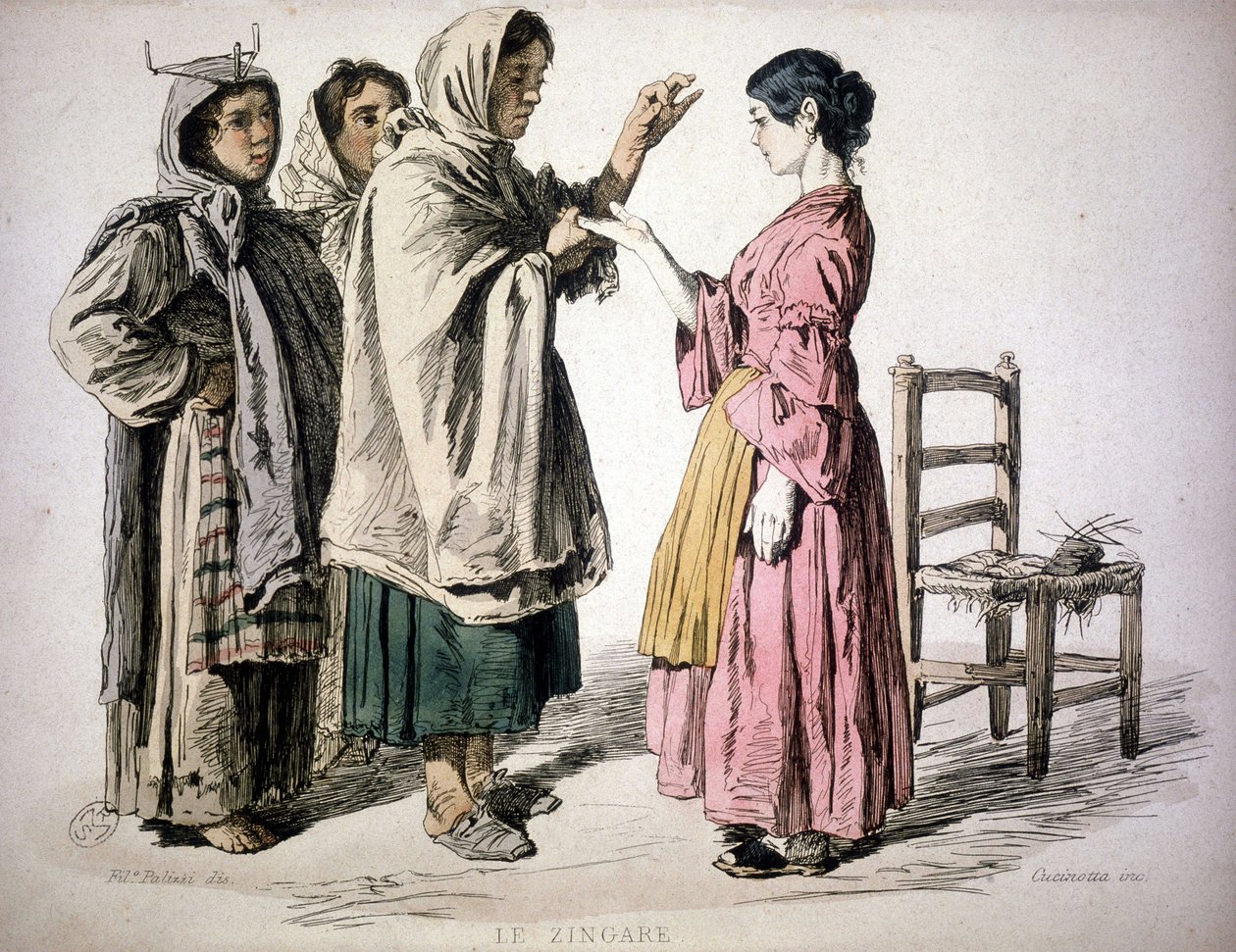 Cigányolvasás a kézben – a „Nápolyi Királyság szokása” című könyvben, De Bourcard alkotó: Unknown artist