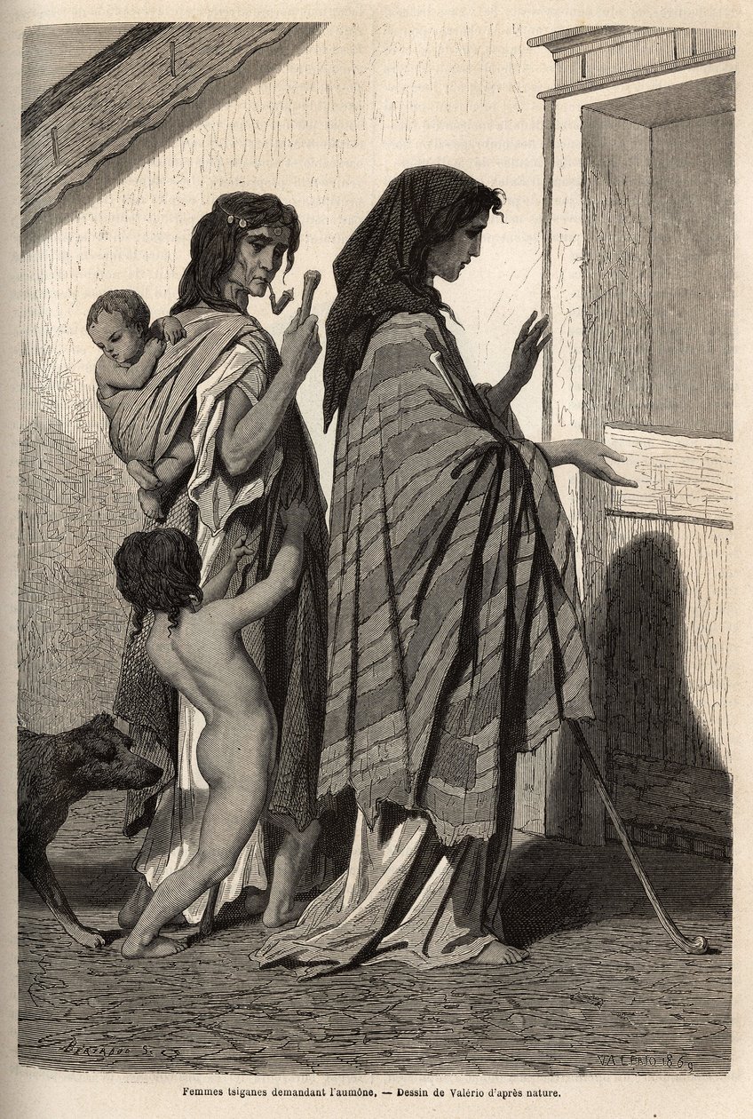 Cigányasszonyok és gyerekek, rongyos vagy félmeztelenül, háztól-házig almon kérnek Essekben (Duna-medence). Georges Perrot 1868-as metszete a déli szlávok utazási emlékeinek illusztrálására, megjelent a „Le tour du monde” 1870-1871-ben, szerkesztés alkotó: Unknown artist