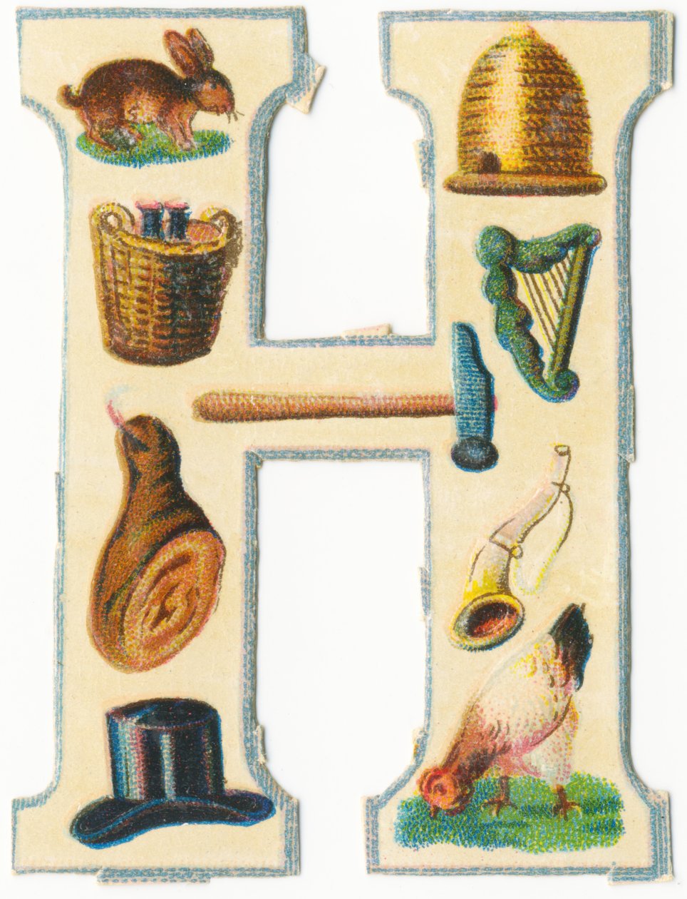 H: nyúl, kaptár, aratókosár, hárfa, kalapács, sonka, kürt, kalap, tyúk (színes litográfia) alkotó: Unknown artist