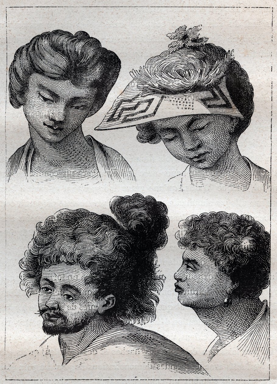 Taiti (Tahiti) lakosainak frizurái - illusztráció a „18. századi nagy tengerészek” című könyvből alkotó: Unknown artist