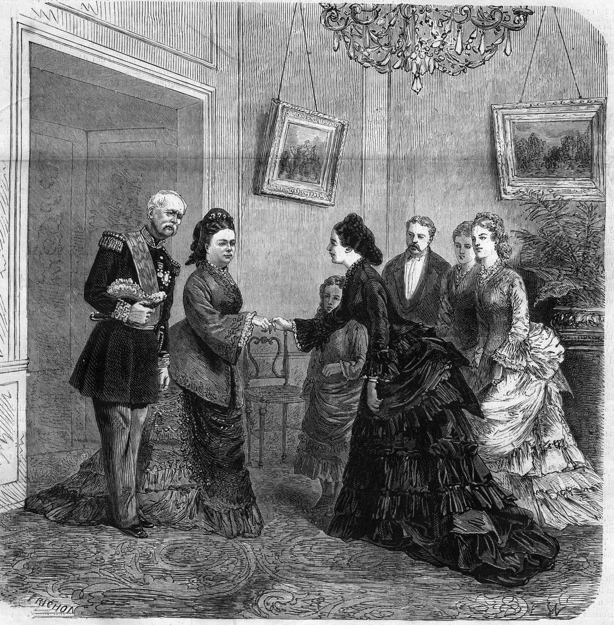 Kézben tartott Elisabeth de Mac Mahon (1834-1900) és Elisabeth de Wittelsbach (1837-1898) (Sissi) osztrák impresszum Patrice de Mac-Mahon (1808-1893) ausztriai látogatása során a Francia Köztársaság elnökének. 1875. Metszet a „The Universe alkotó: Unknown artist