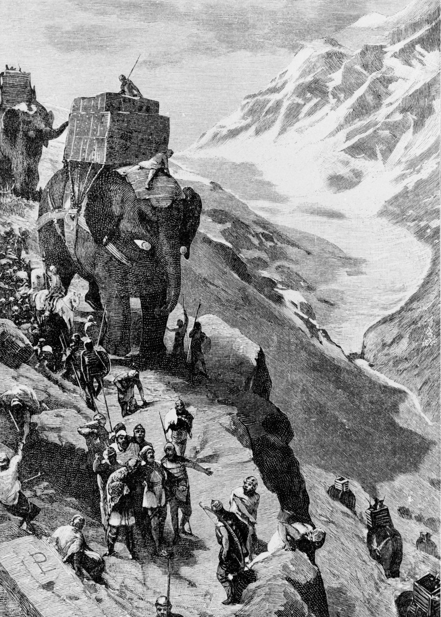 Hannibál elefántokkal átkel az Alpokon, hogy Olaszországba érkezzen (II. pun háború). századi metszet. alkotó: Unknown artist