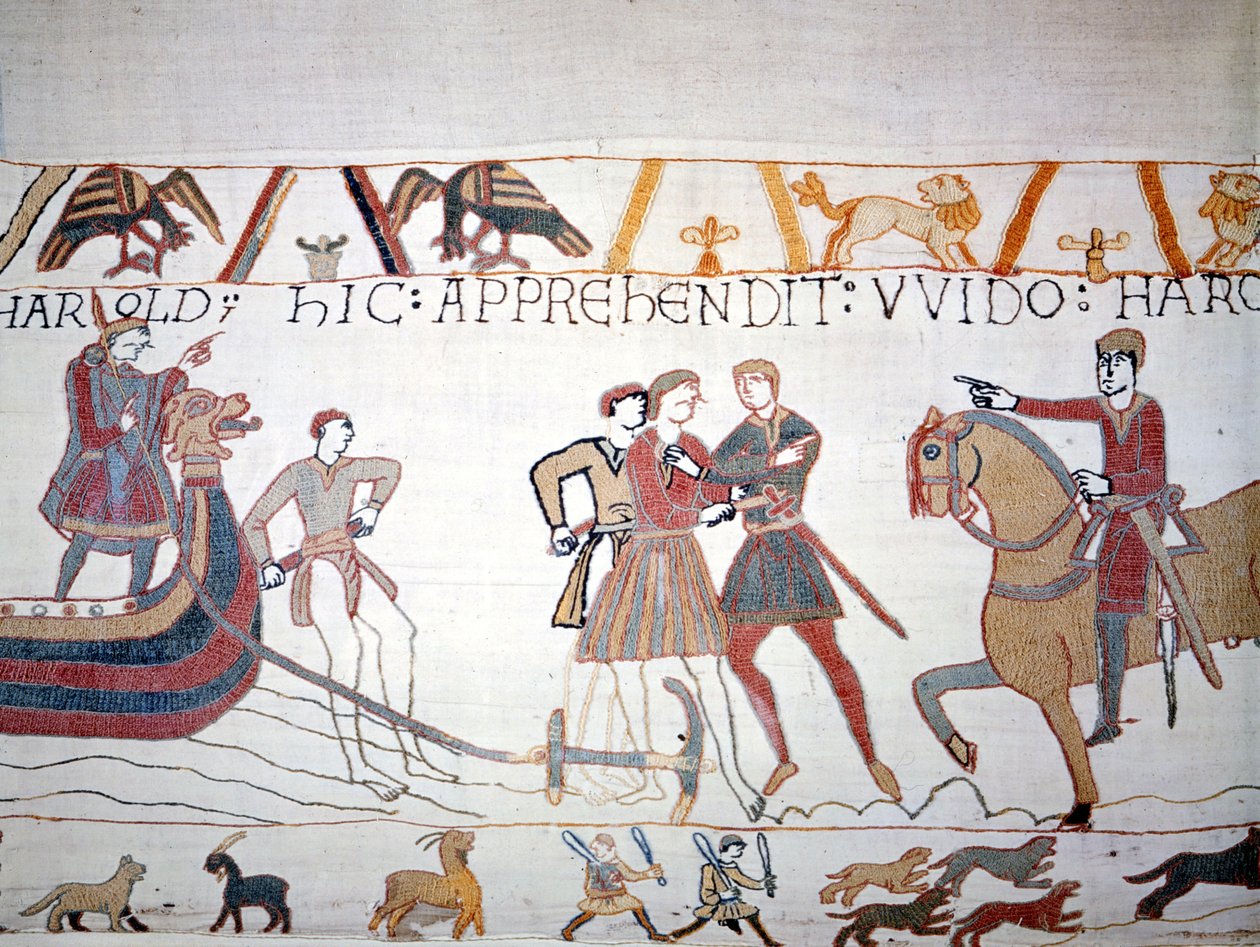 II. Harold (1022-1066) Normandiában szállt partra, ahol I. Hódító Vilmos (1027-1087) elfogta. Bayeux gobelin, Mathilde királynő hímzéseként ismert alkotó: Unknown artist