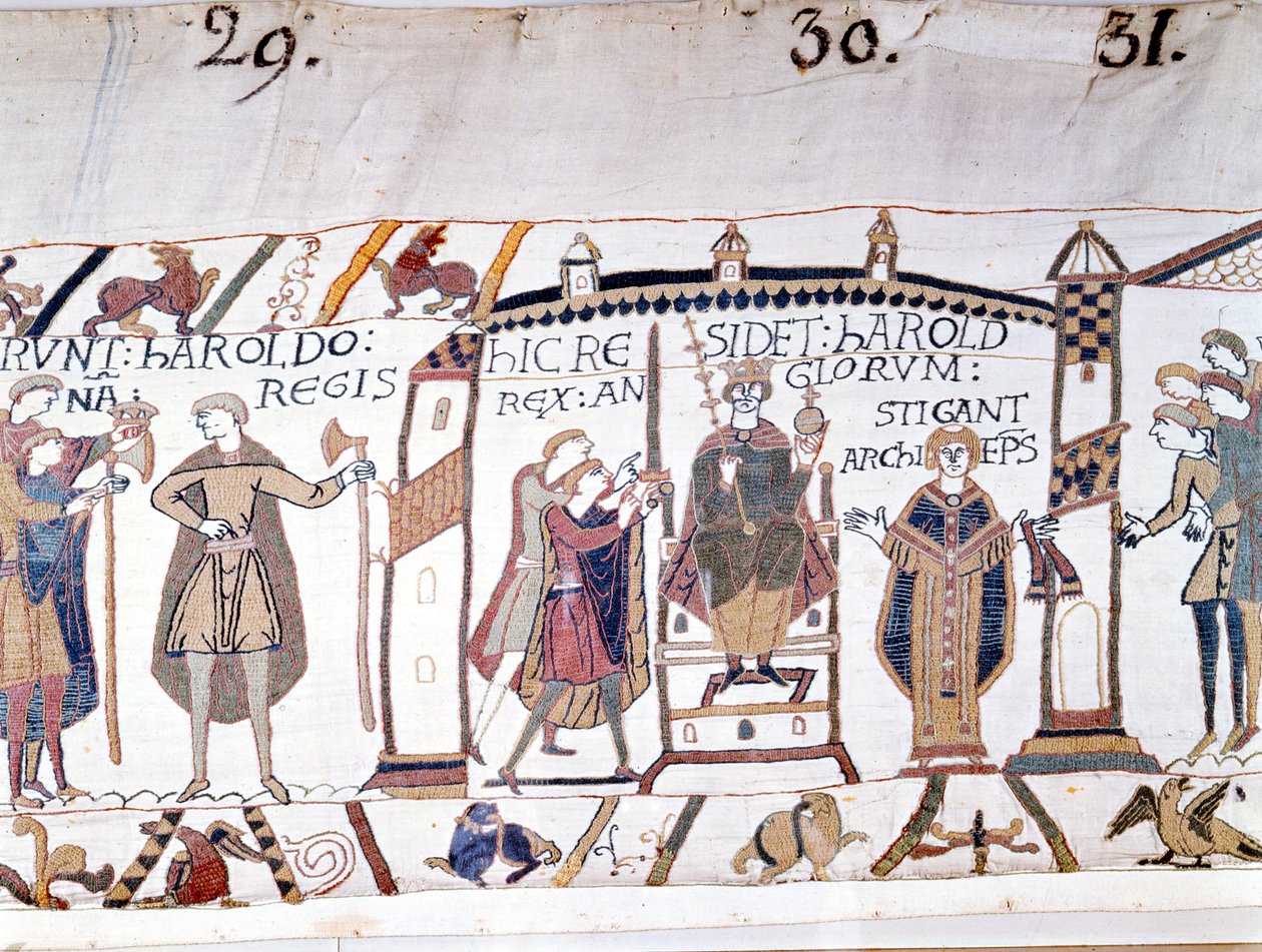 II. Haroldot (1022-1066) Hitvalló Edward halálakor kiáltották ki királlyá 1066-ban, de hamarosan meghalt a hastingsi csatában. Bayeux gobelin vagy Mathilde királynő hímzése alkotó: Unknown artist