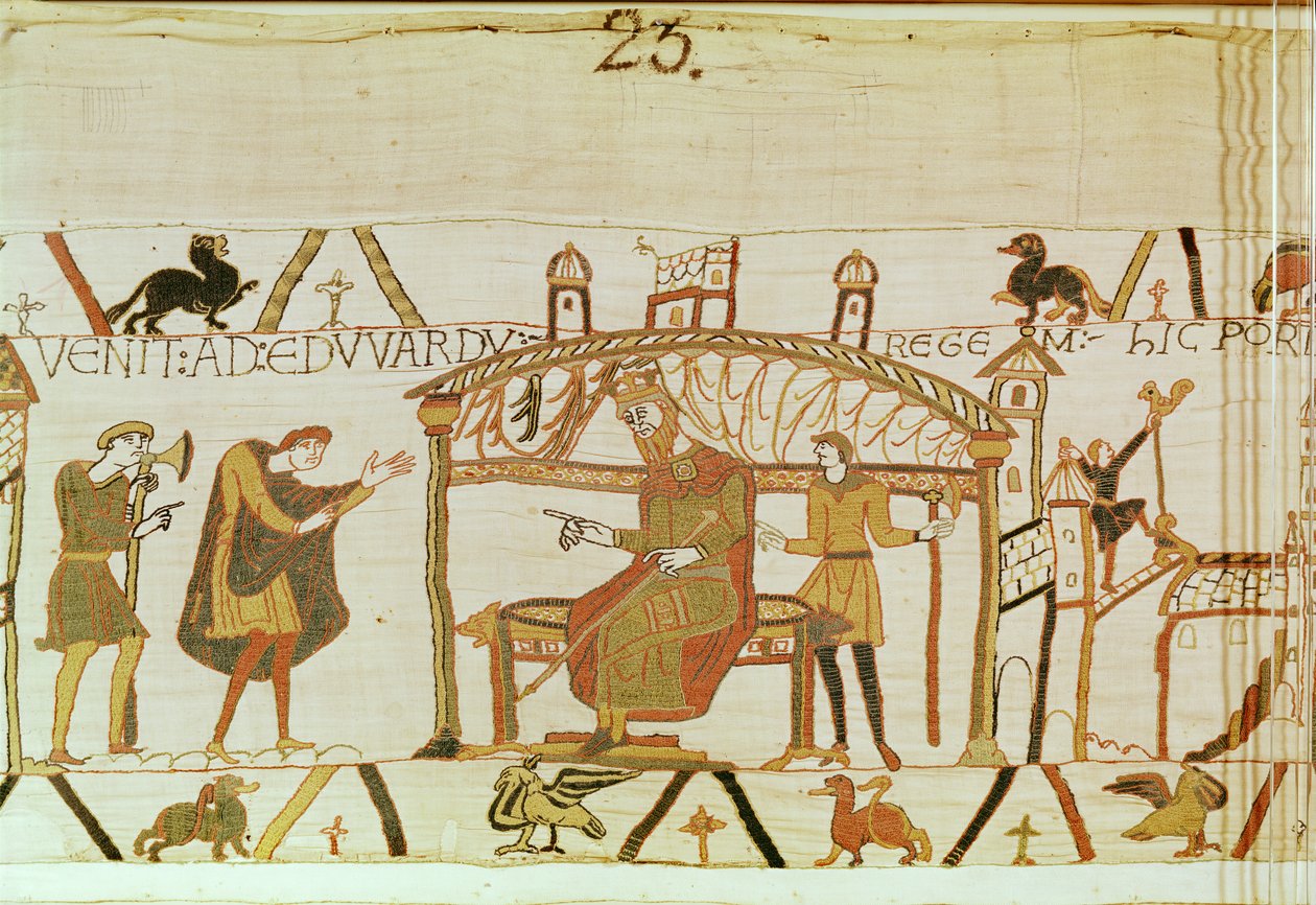 Harold Edward király elé kerül, Bayeux gobelin (gyapjú hímzés vászonra) alkotó: Unknown artist