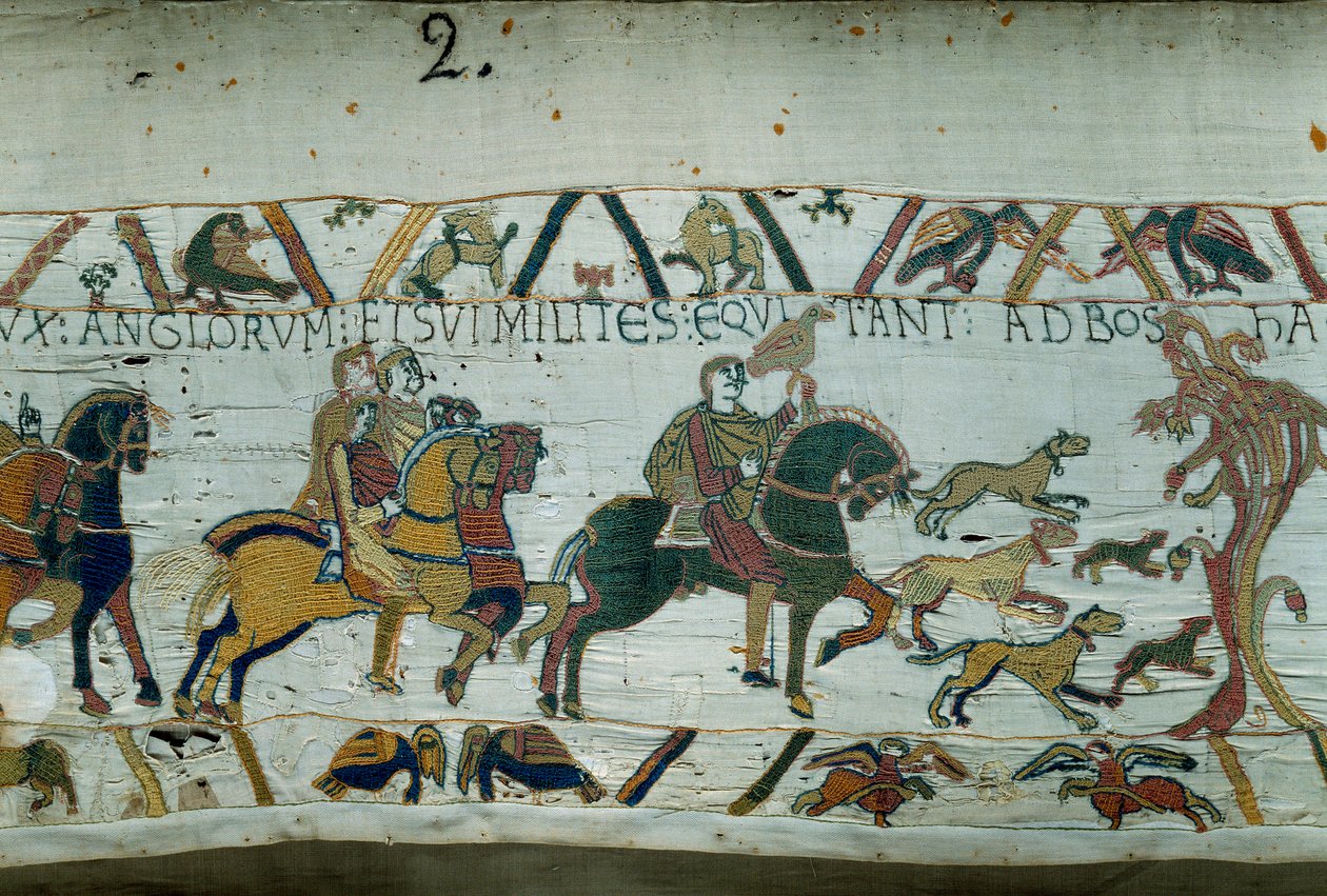 Haroldot, Anglia leendő királyát Hitvalló Edward király küldte, hogy tájékoztassa Hódító Vilmost (1027-1087), hogy ő lesz az angol korona utódja. A Bayeux-i Detail Manche partjaihoz megy Tapestry vagy Embroidery of Queen Math alkotó: Unknown artist