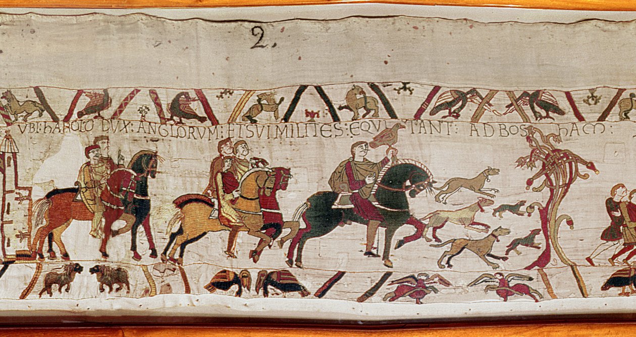 Hitvalló Edward elküldi Haroldot embereivel Normandiába, Bayeux Tapestry (gyapjú hímzés vászonra) alkotó: Unknown artist