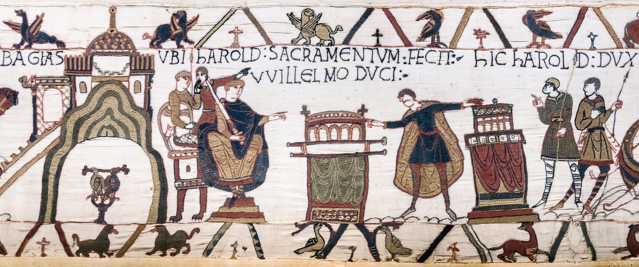Harold szent esküt tesz Williamnek Bayeux-ban, Bayeux Gobelin (gyapjú hímzés vászonra) alkotó: Unknown artist