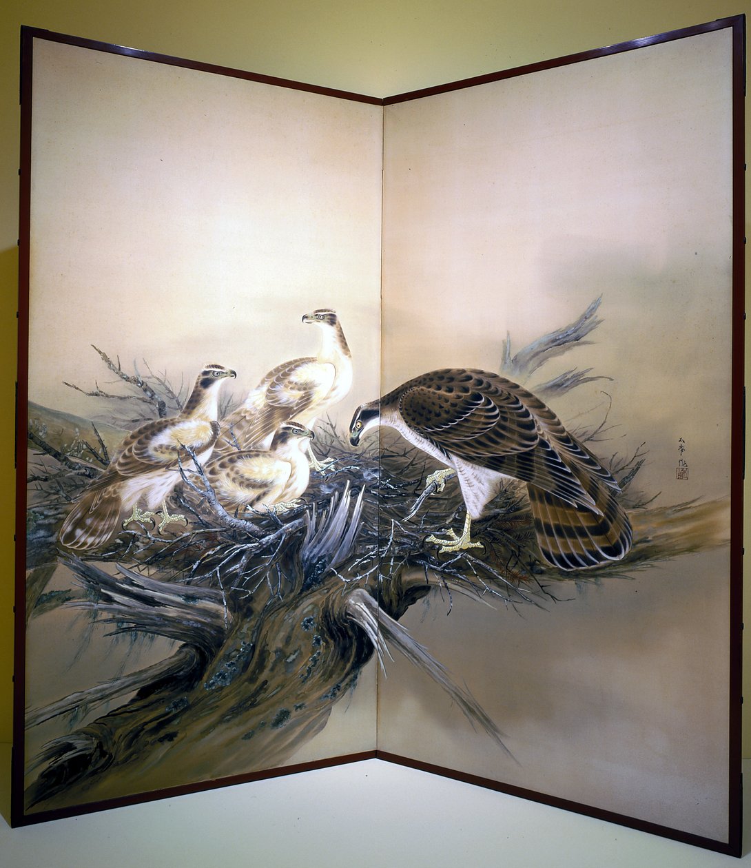 Hawks, Nest and Broken Tree (tinta és színek selyemen) alkotó: Unknown artist