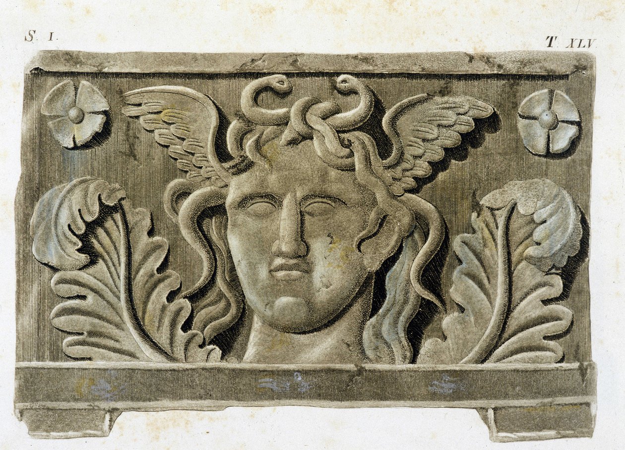A Medusa feje, a három Gorgone egyike, kő dombormű - a „Monumenti Etruschi”-ban. alkotó: Unknown artist