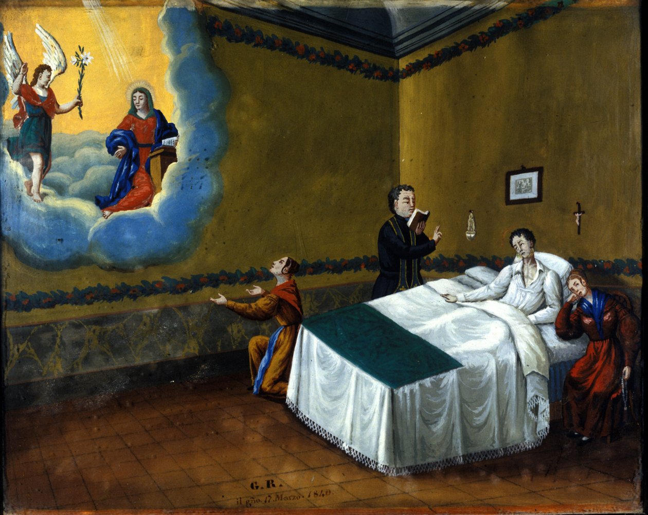 Beteg ember gyógyulása. Ex voto 1840-ből a Maria delle Grazie di Monza szentélyéből. alkotó: Unknown artist