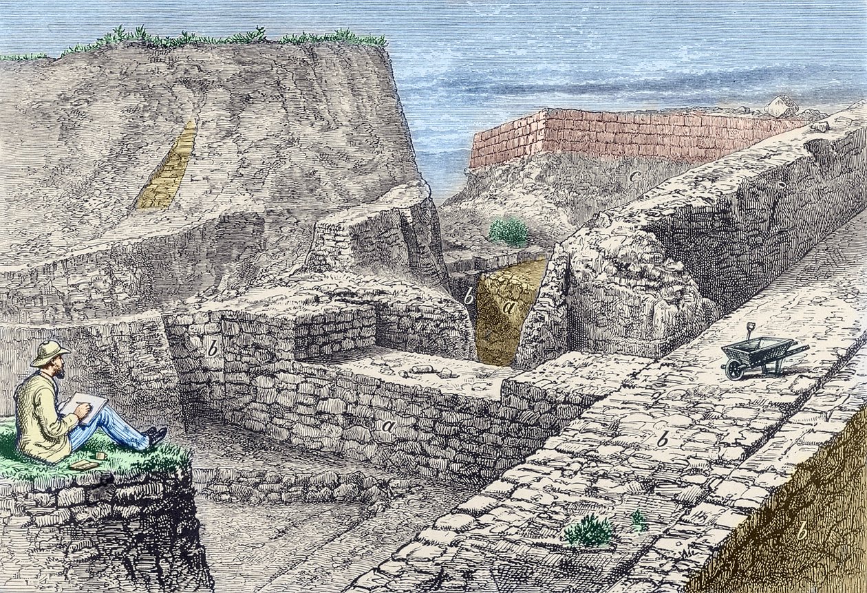 Heinrich Schliemann rajzokat készít Trója (Hissarlik) falairól az ásatások során alkotó: Unknown artist