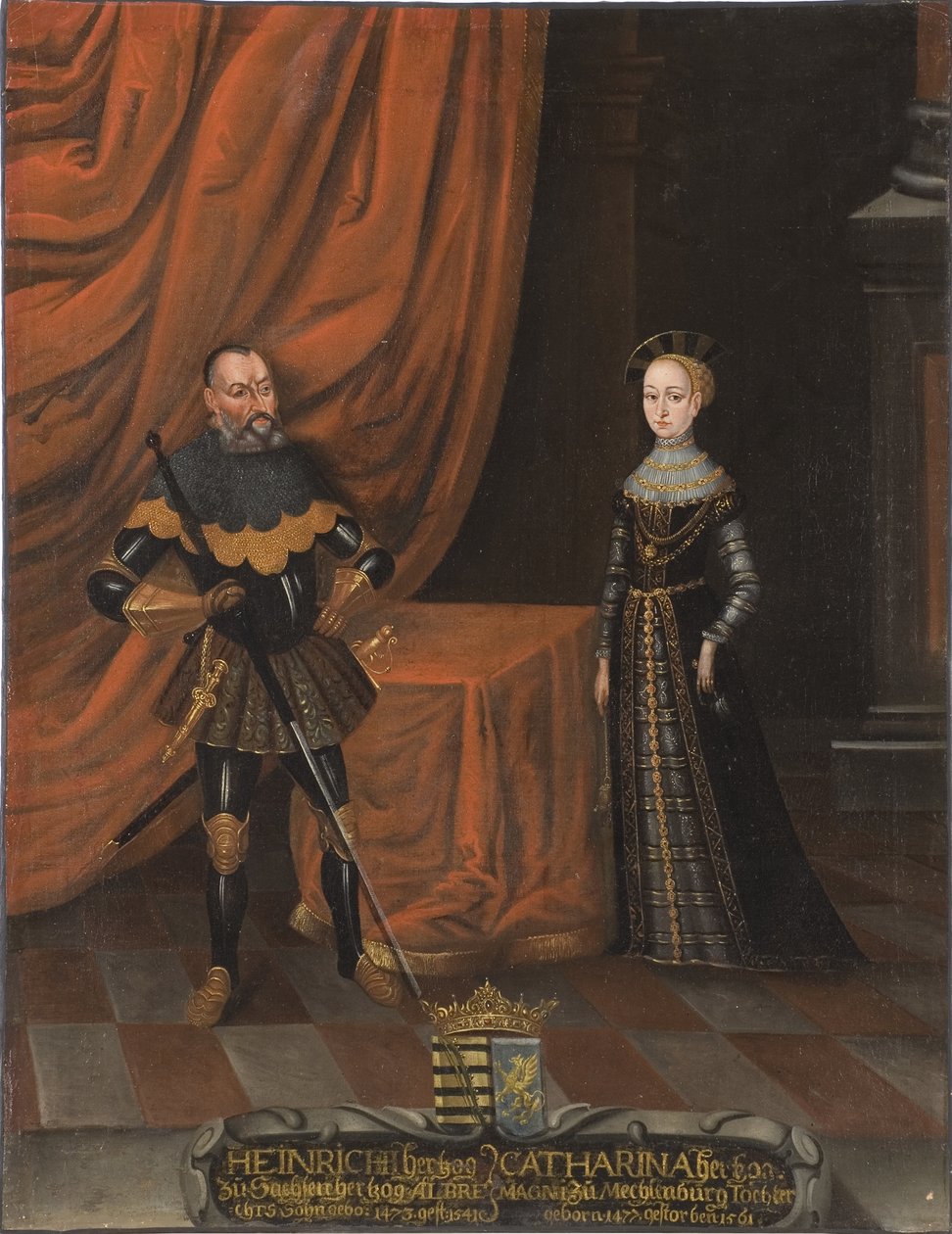Henri IV de Saxe, dit le Pieux et Catherine de Mecklembourg – Jámbor Henrik herceg (1473-1541) és Katalin mecklenburgi hercegnő (1487-1561), névtelen. Olajfestmény. Mérete: 101,5x79 cm. Nemzeti Múzeum Stockholm alkotó: Unknown artist