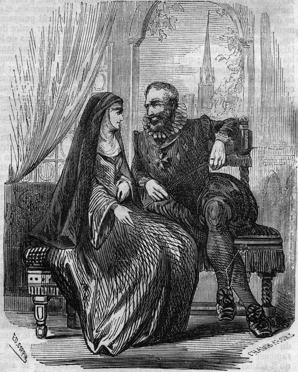 IV. Henrik francia király (1553-1610) Marie de Beauvilliers montmartre-i apátnővel – metszet a XIX. alkotó: Unknown artist
