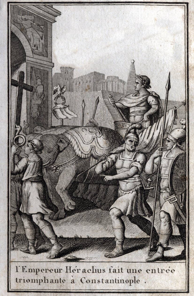 I. Hérakleiosz (Flavius Heraclius, Herakleios (körülbelül 575-610/641), bizánci császár) diadalmasan belépett Konstantinápolyba, felszállt egy szekérre, amelyet négy elefánt elért, és maga elé vitte a felvett Igaz Keresztet (Szent Keresztet). tól től alkotó: Unknown artist