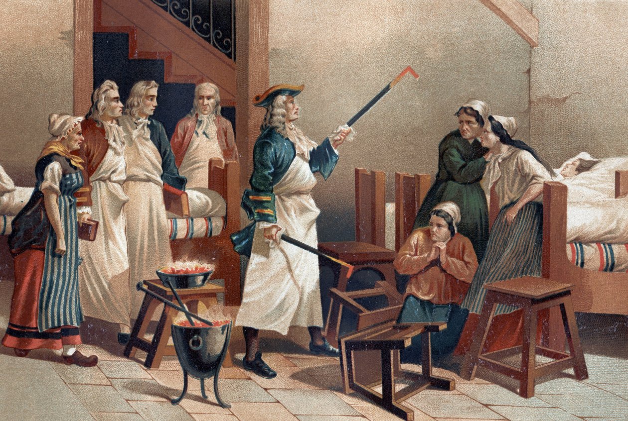 Hermann Leyde Boerhaave (1688-1738), holland orvos tanítványaival a Leyde-i Kórház hisztérikus asszonyai előtt. A „La Ciencia y sus Hombres par Louis Figuier” után. Barcelona 1881 alkotó: Unknown artist