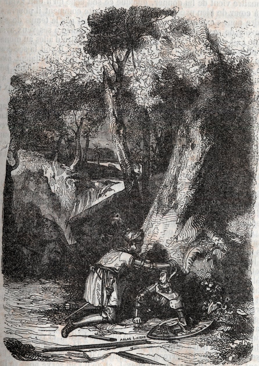 Hermonidészt feldöntötte és megmentette Zerbin – 1851-es metszet a „Dühös Roland” (Orlando furioso) (16. század) írásból Ludovico Ariostotól, Ariosta néven ismert – Tressan gróf olasz nyelvről fordított kiadása, Gustave Harvard 1851. alkotó: Unknown artist