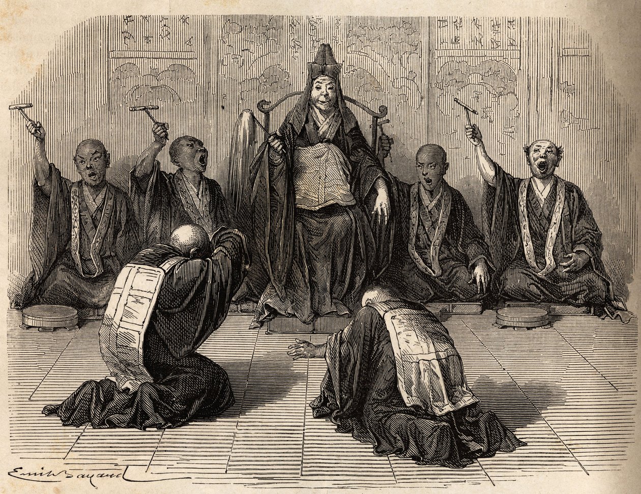 Buddhista főpapot imádják, körülvéve tanítványai, akik gonggal és cintányérokkal ritmizálják a rituálét. Aime Humbert, a Svájci Államszövetség miniszterének 1863–1864-es japán utazását illusztráló metszet a „Le tour du monde, nouveau Journal”-ban. alkotó: Unknown artist