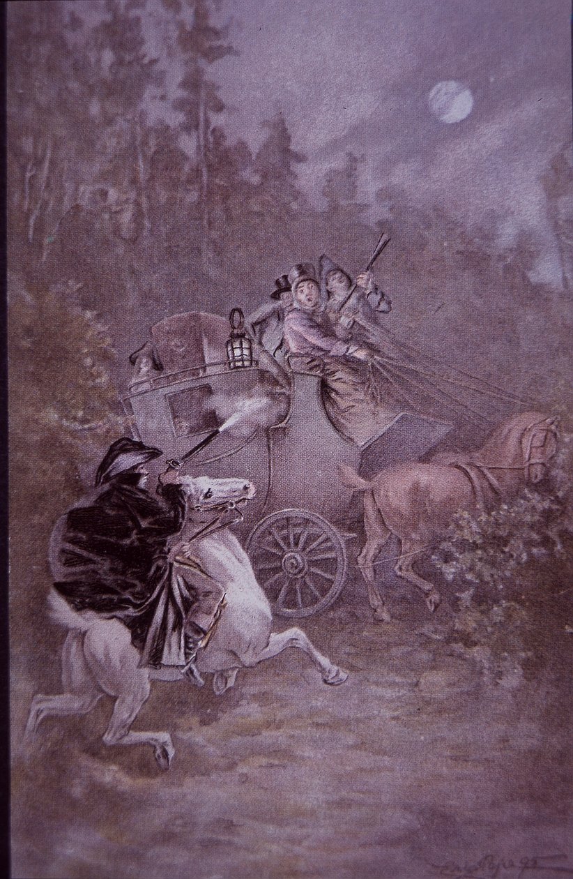 Highwayman feltartja a postakocsit a 19. század elején (színes litó) alkotó: Unknown artist