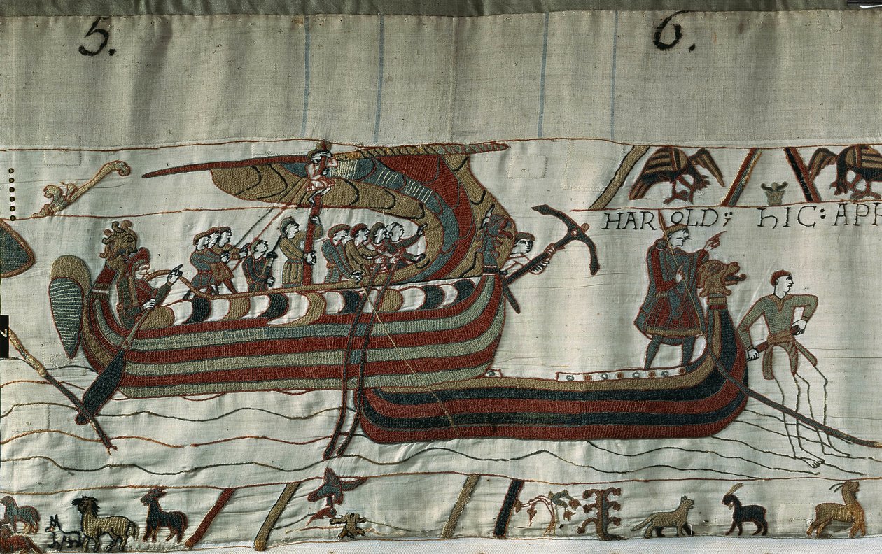 Harold II (1022 - 1066) (drakkar) hajója a vihar által eltérített Ponthieu partján rekedt – Bayeux Tapestry, Mathilde királynő hímzéseként ismert. alkotó: Unknown artist