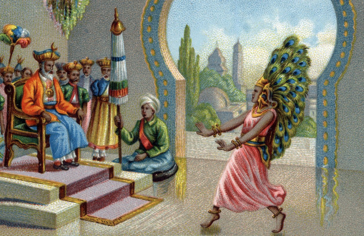 Hindu táncos pávatollakkal díszítve: a lakók pávatollal díszítik magukat, vagy eseményhelyzeteket csinálnak. századi kromolitográfiája alkotó: Unknown artist