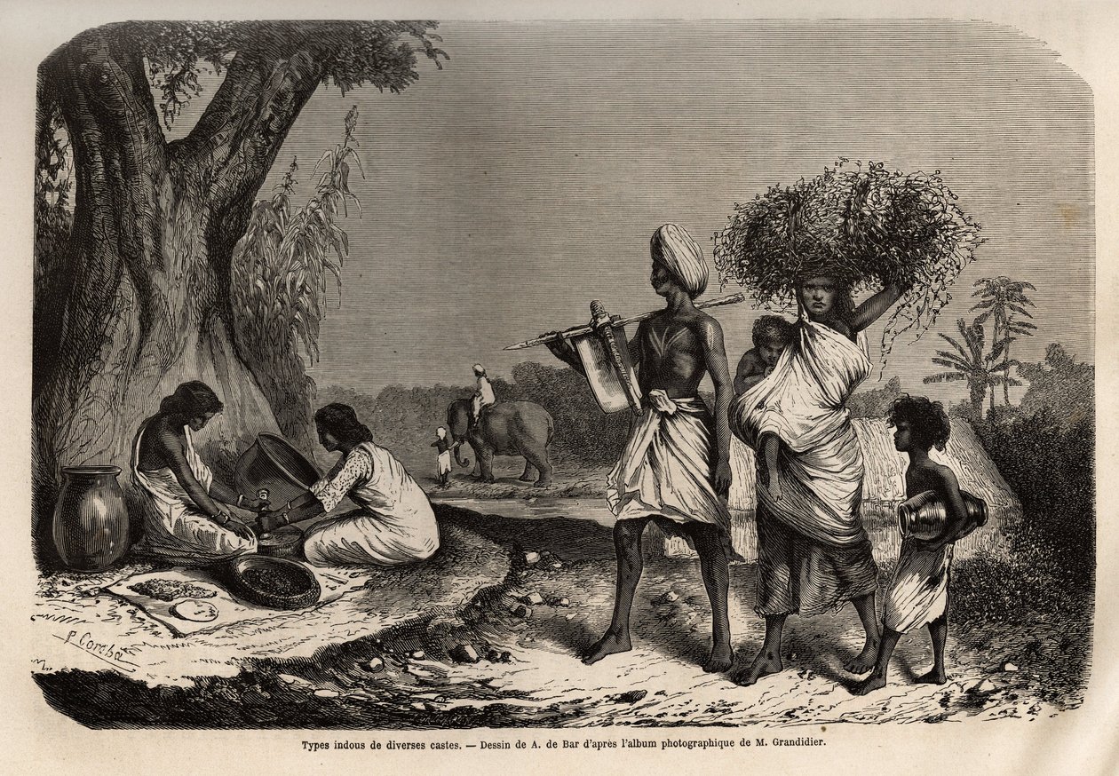 Hindu típusok különböző kasztokból, vaysia család (kereskedők), a fa tövében, két nő a sudra kasztból alkotó: Unknown artist