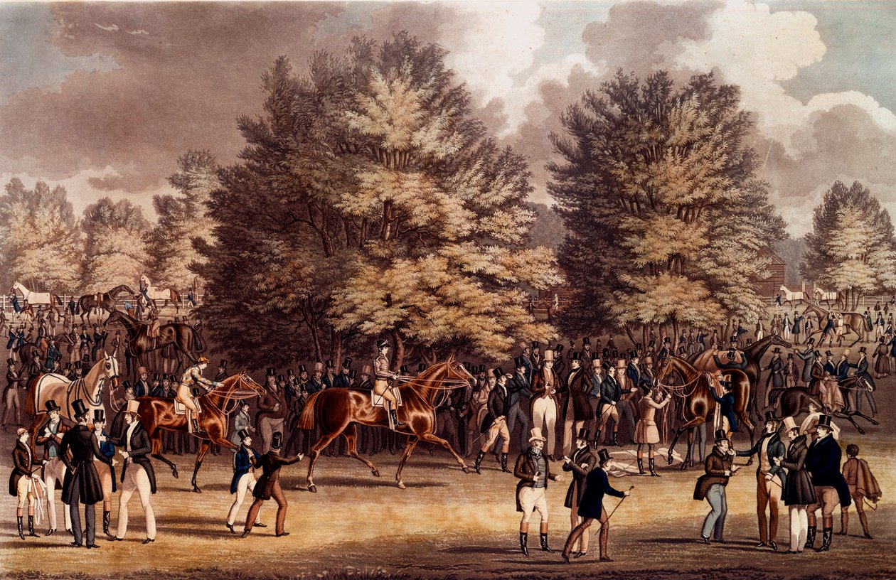 Hippizmus: felkészülés a verseny előtt az angliai Epsemben. 1836. évi litográfiája Magángyűjtemény alkotó: Unknown artist