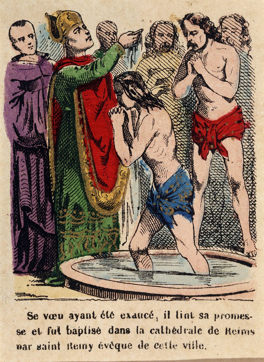 Esküjét beváltotta, Clovist a reimsi székesegyházban keresztelte meg Szent Rémi, a város püspöke. alkotó: Unknown artist