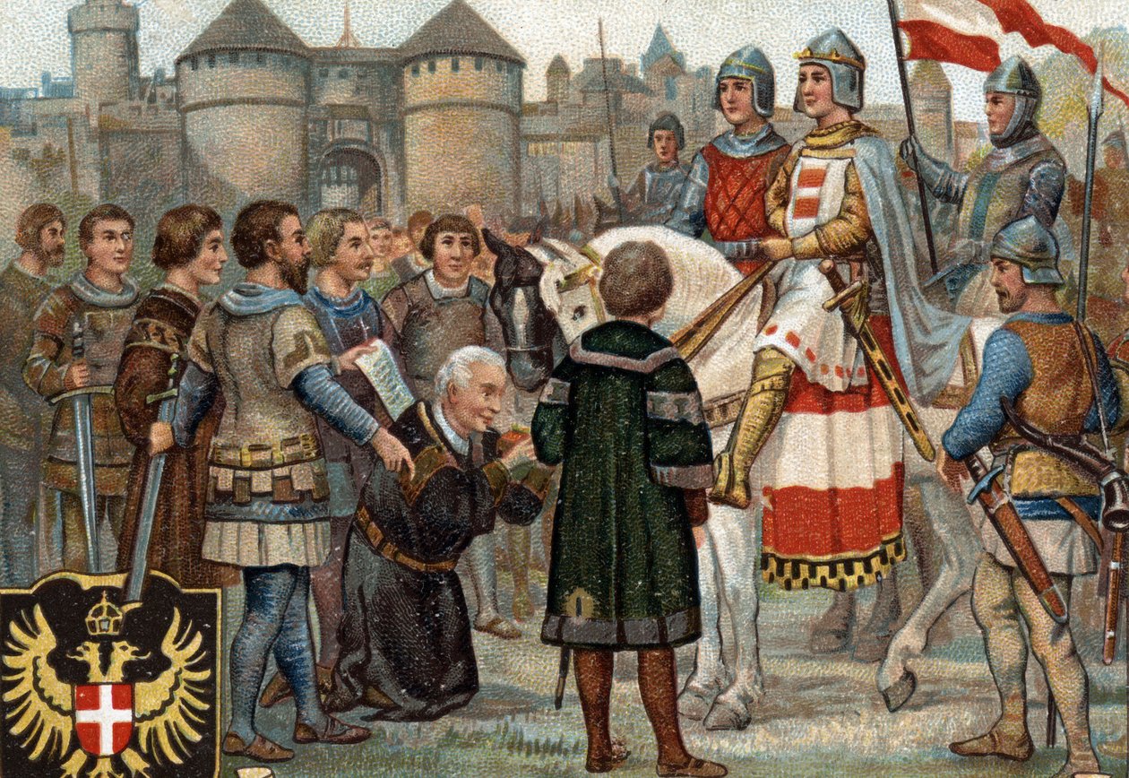 Híres városok történelmi epizódjai: Habsburg Rudolf (I. Rodolf a Szent Birodalomból 1218-1291) birtokba vette Bécset (1276). I. Rodolf a rómaiak királya volt, és Bécs városának birtokbavételével megalapította a Habsburgok hatalmát. Chromol alkotó: Unknown artist