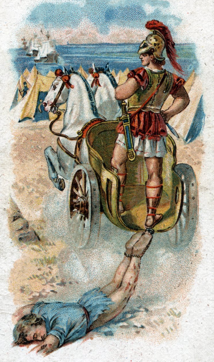 Akhilleusz életének története, a trójai háború legendás hősei: Akhilleusz kiszívja Hektor testét a tankja mögött. Kromolitográfia 1890. alkotó: Unknown artist