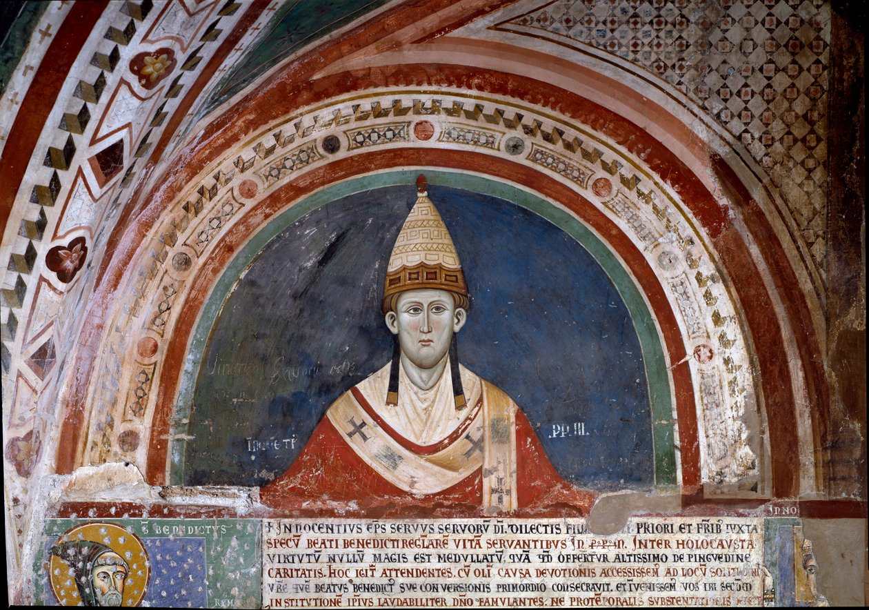 Assisi Szent Ferenc története: III. Innocenzo pápa ábrázolása, az 1210-es ferences uralmat megerősítő buborék (freskó) alkotó: Unknown artist