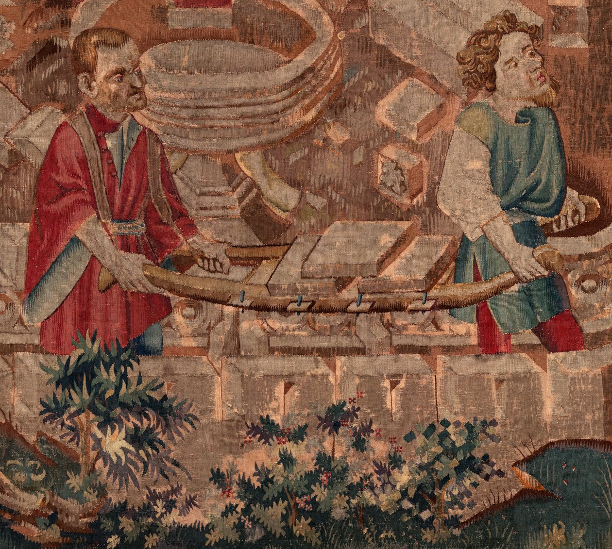 Saint Piat és Saint Eleuthère története, 5. jelenet Részlet. Alsó rész. Köveket szállító kőművesek. alkotó: Unknown artist