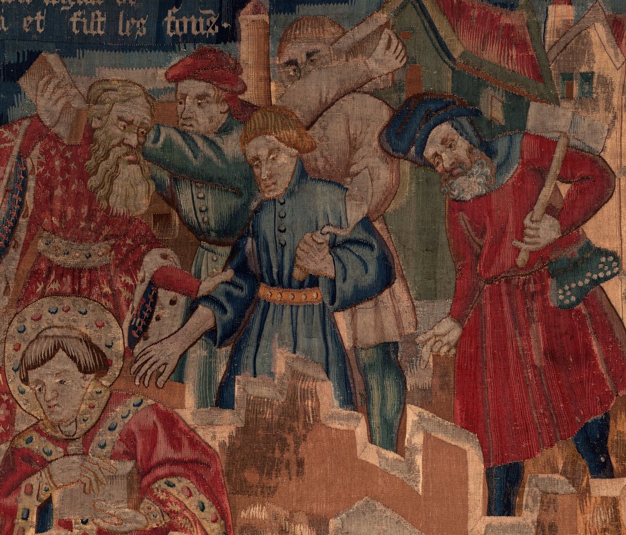 Saint Piat és Saint Eleuthère története, 5. jelenet Részlet. Jobb felső rész. Kőművesek. alkotó: Unknown artist
