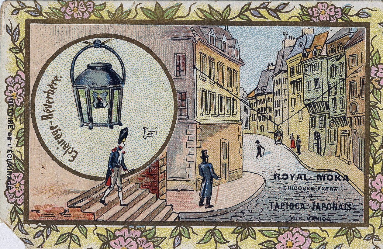 A világítás története: Utcai lámpák világítása. Kromolitográfia a Royal Moka chicoree csomagolásában. alkotó: Unknown artist