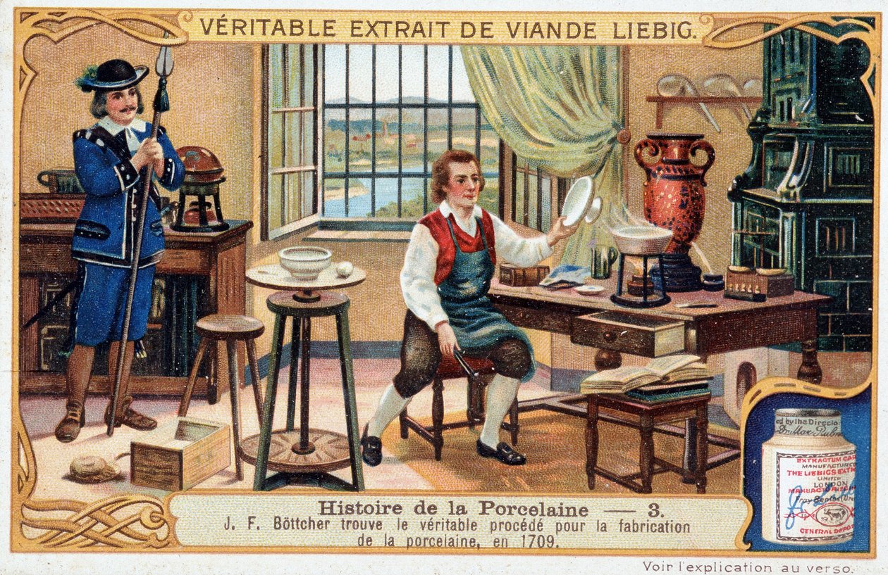 A porcelán története: Johann Friedrich Bottger (Bottcher vagy Bottger) (1682-1719) 1709-ben megtalálta a porcelánkészítés valódi módszerét - Liebig kromolitográfia alkotó: Unknown artist