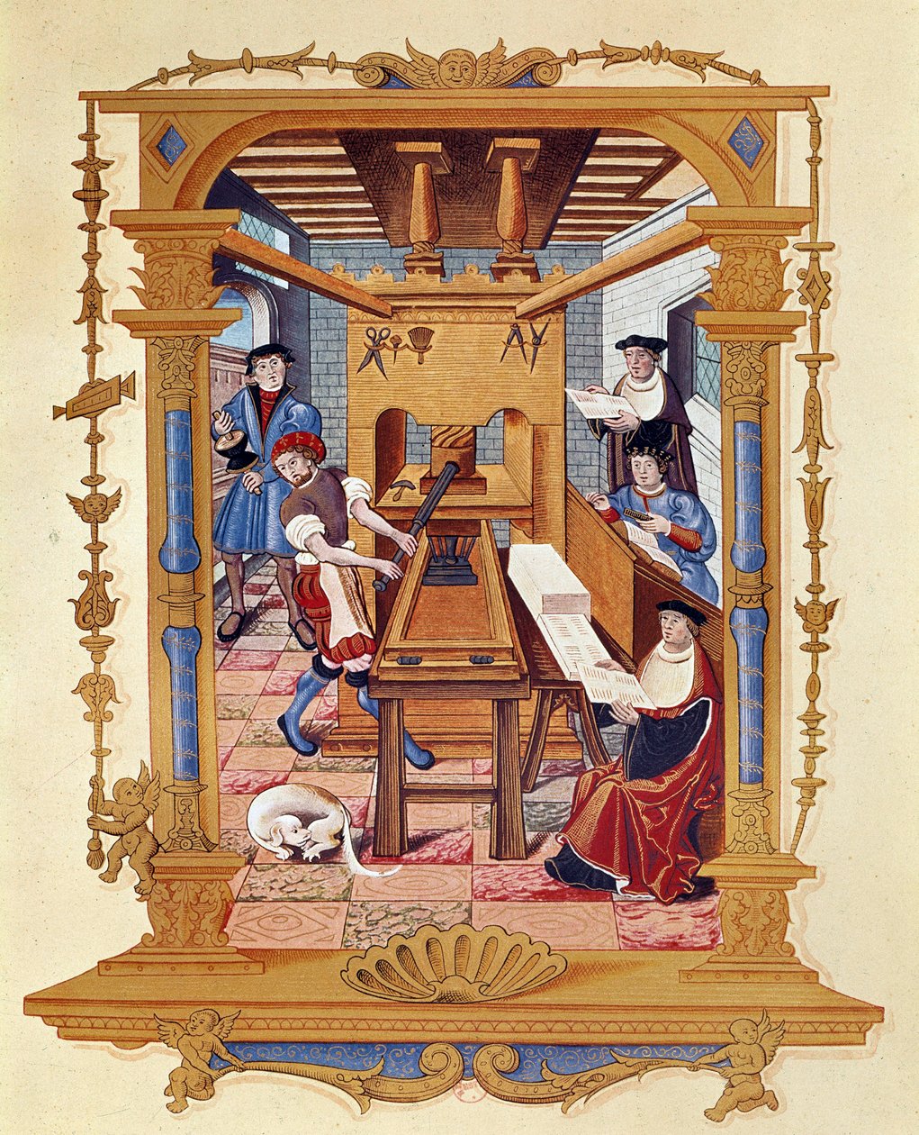 Nyomdászat története: tipográfiai műhely 1530 körül. alkotó: Unknown artist