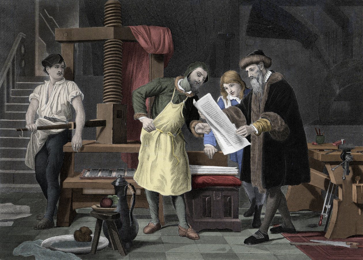 Nyomdatörténet: a Biblia első próbapróbája, amelyet Johannes Gensfleisch Gutenberg (1400-1468) nyomdájában nyomtatott Johann Fust (1400-1466) képviselve - 1453 Az első próbalap Gutenberg nyomdájából alkotó: Unknown artist