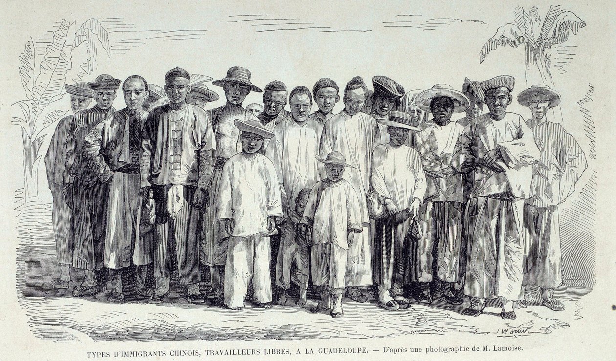 A francia gyarmatok története: Guadeloupe-ban dolgozó kínai bevándorlók. Rajzok fénykép után a 19. század végi Chartres-i musee des Beaux Arts-ról alkotó: Unknown artist
