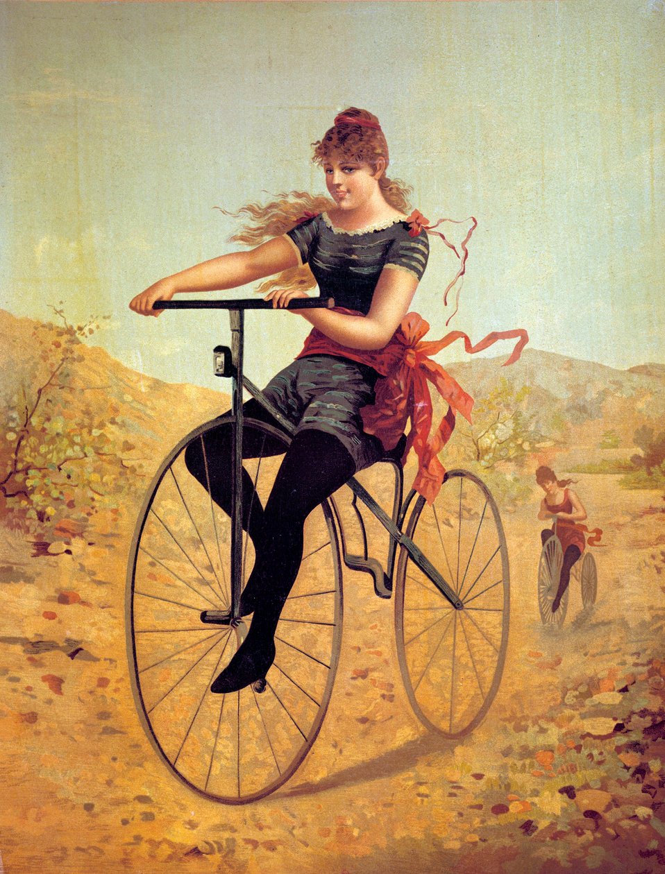 A kerékpár története: velocipédista vagy női pedál a biciklin. századi nyomatok alkotó: Unknown artist