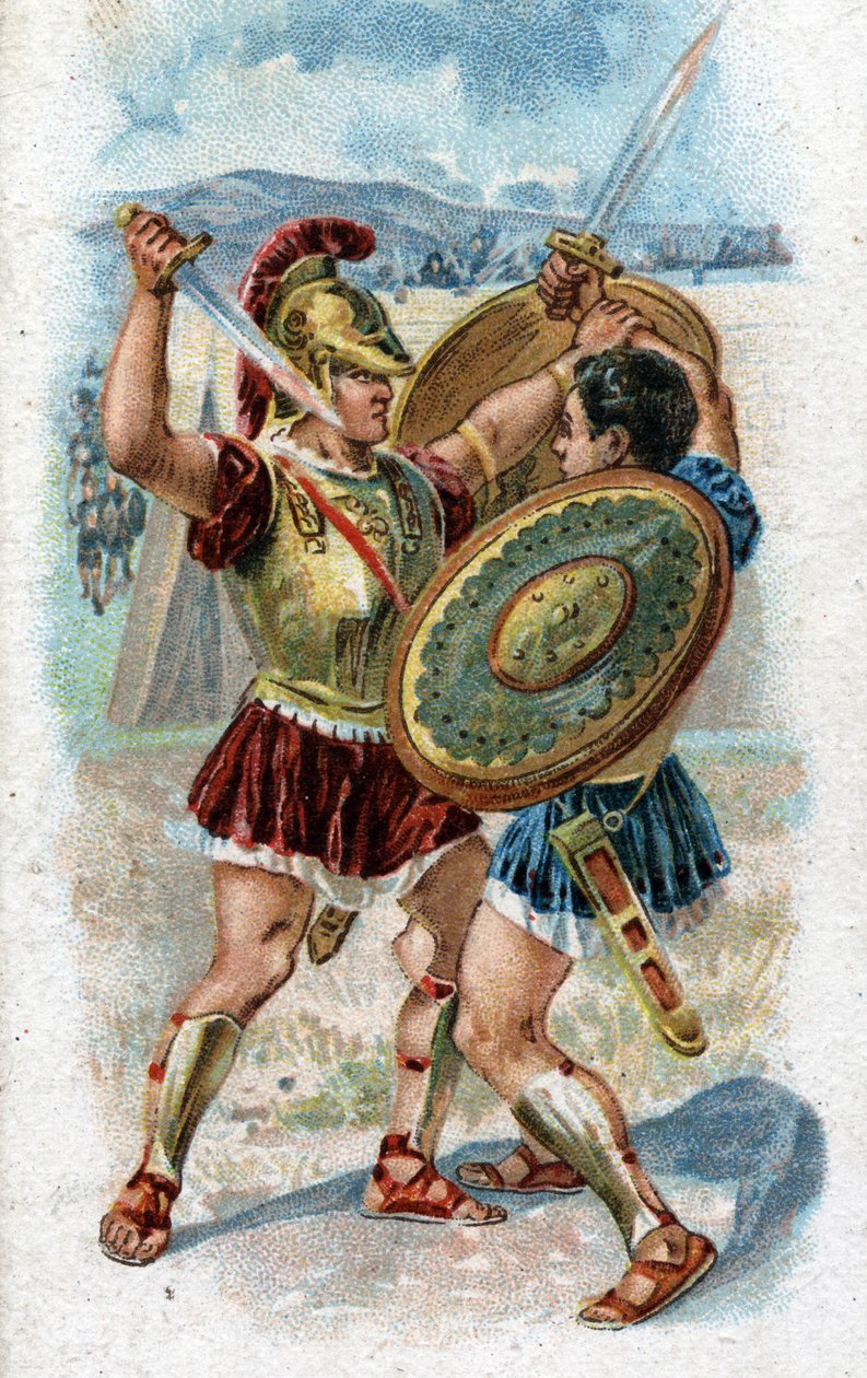 Akhilleusz, a trójai háború legendás hőse életének története: Akhilleusz Hektorral küzd, hogy megbosszulja Patrocles halálát. Kromolitográfia 1890. alkotó: Unknown artist
