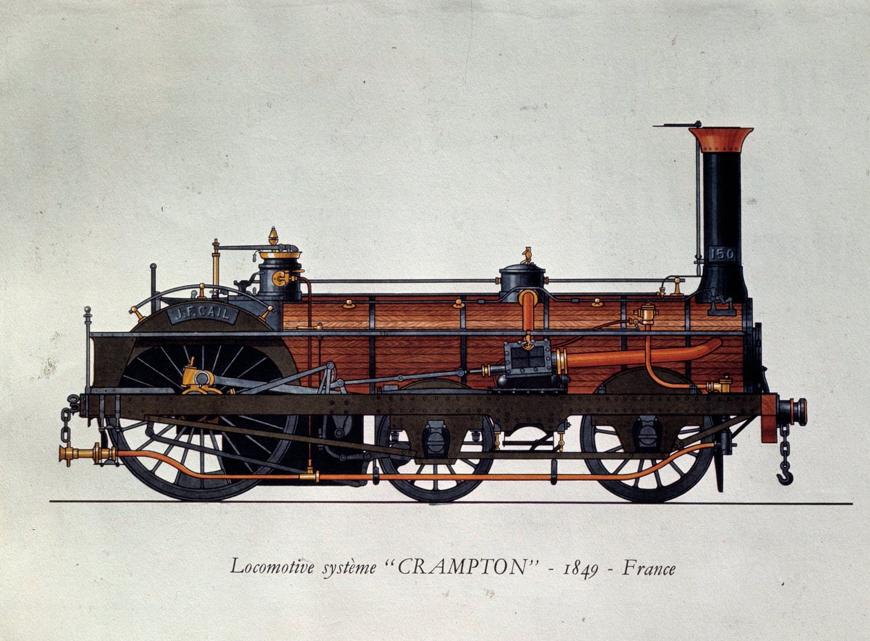 Közlekedéstörténet: mozdonymodell, Crampton rendszer Thomas Russell Crampton (1816-1888) brit mérnök nevéhez fűződik: nagysebességű mozdonyt alkotott. Metszet 1849 Párizsból, Dekoratív művészet alkotó: Unknown artist