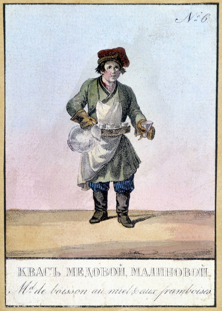 Méz- és málnaital-kereskedő Oroszországban a 19. században. századi illusztráció. alkotó: Unknown artist