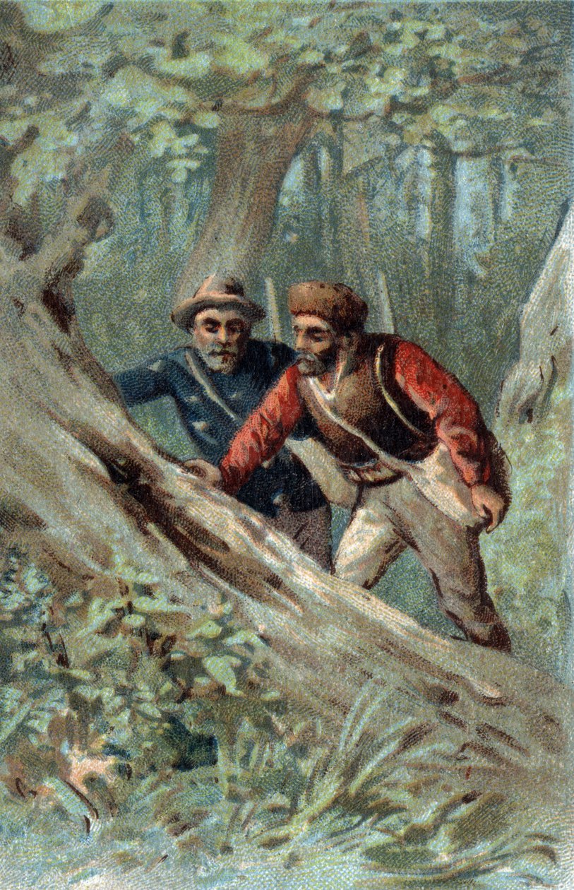 Mézvadászok Kanadában rajfát keresnek. A 19. század végének kromolitográfiája. alkotó: Unknown artist