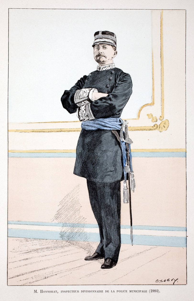Honorat, a városi rendőrség osztályfelügyelője (1884). Színes rézkarc, illusztrációként: Alfred Rey Louis Lepine (1846-1933) Szajna menti rendõrség prefektusa gondozásában megjelent „” A békefenntartók hadtestének története”” könyv. alkotó: Unknown artist