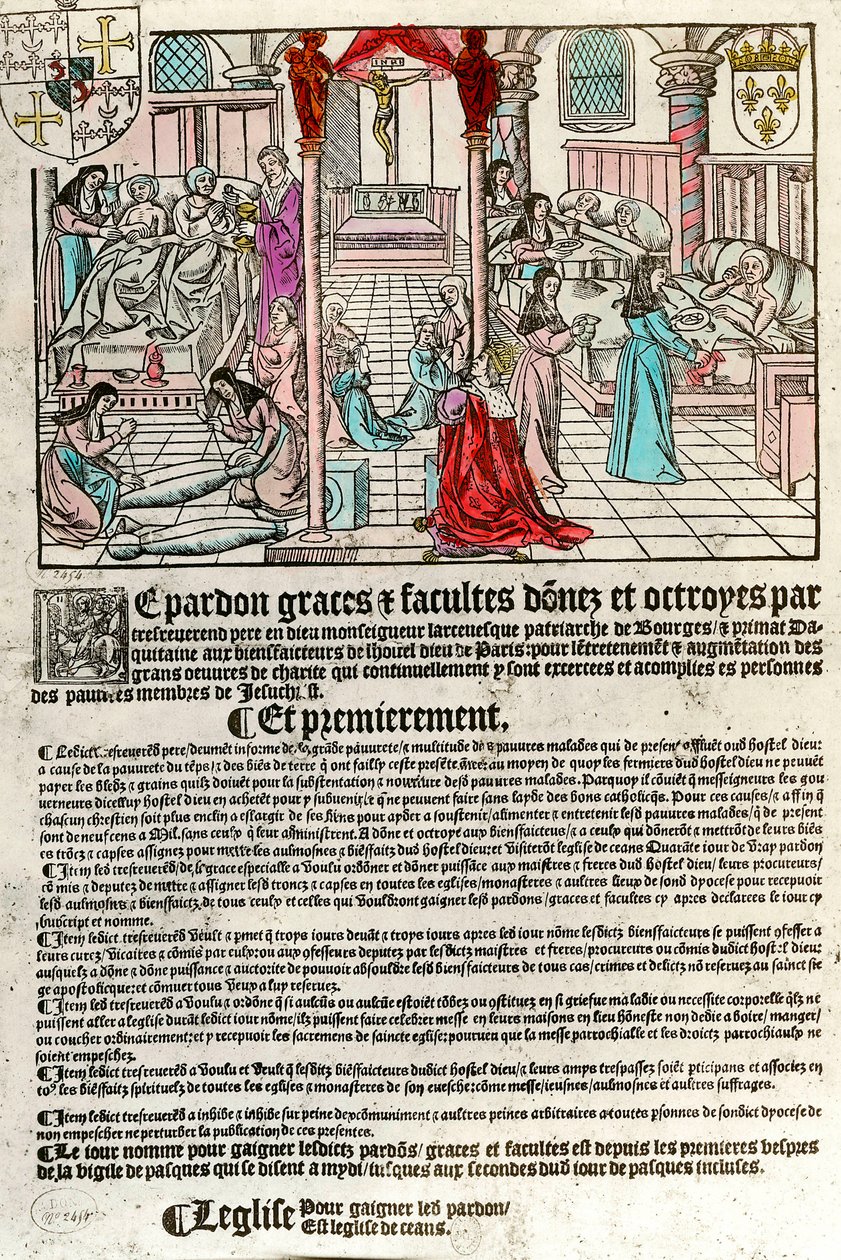 Kórház a 16. században: Kényeztető levél (jobbra: kórházi jelenet. Agauche: haldoklik és meghaltak). századi metszet. Magángyűjtemény. alkotó: Unknown artist