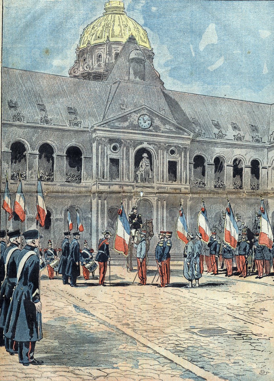 Hotel des Invalides - Párizs - 1898. június 26.: Arnoux tábornoknak, az Invalidusok kormányzójának átadott delegáció 1895. szeptember 30-án lebegett az algériai ezred zászlaja aui Tananarive királynőjének palotáján. Illusztráció a "" Le Pelerinben" alkotó: Unknown artist