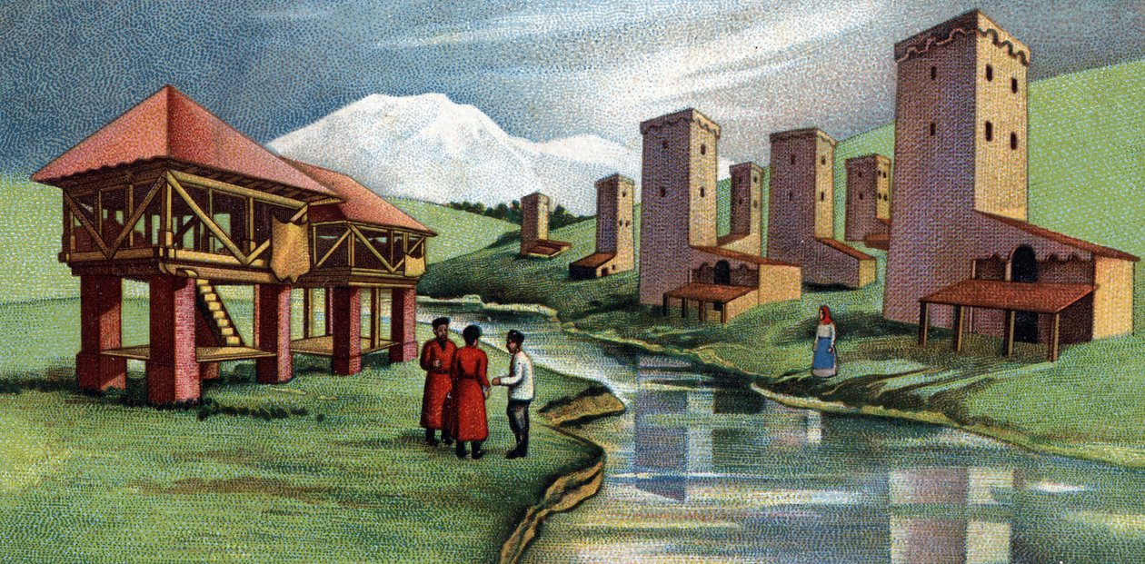 Houses with fortified towers, Western Caucasus, Sovietique Union (USSR) (Házak erődített tornyokkal, Nyugat-Kaukázus, Szovjetunió) 1930-as évek kromolitográfia Magángyűjtemény alkotó: Unknown Artist
