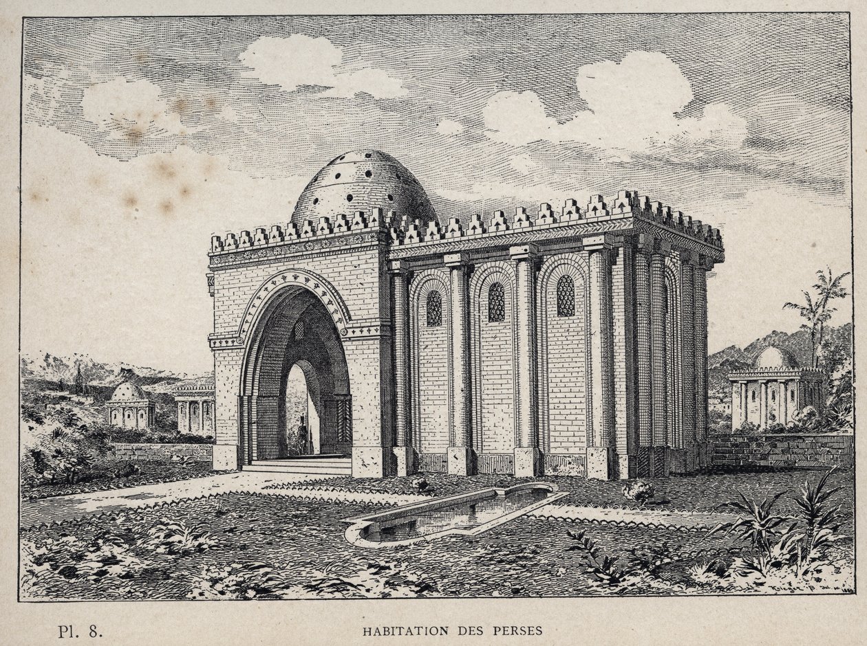 Housing Persians – 1889-es metszet az „Emberi lakhatás története az 1889-es egyetemes kiállításon, Charles GARNIER úr – Librairie centrale des beaux-arts Paris 1889” c. alkotó: Unknown artist
