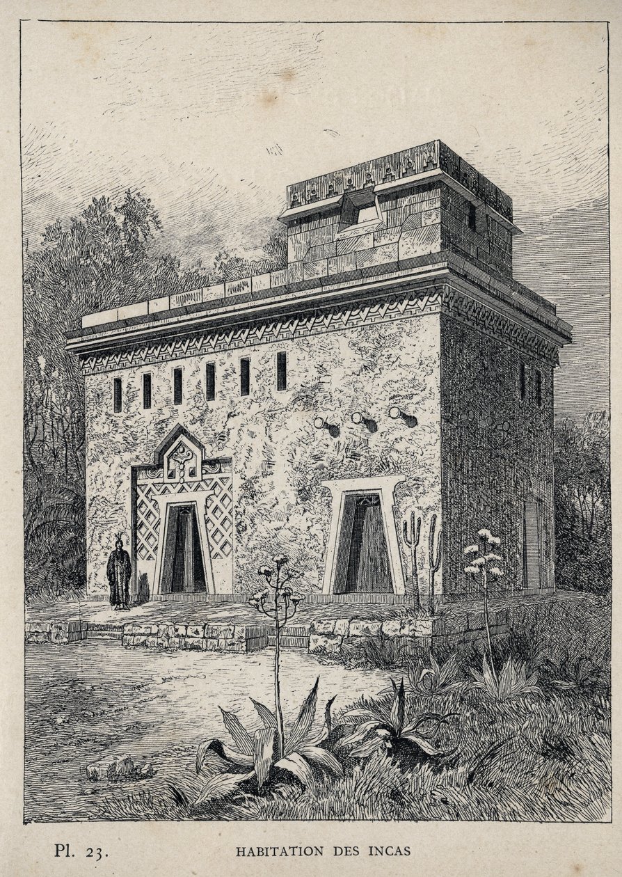 Az inkák lakóhelye – 1889-es metszet az „Emberi lakhatás története az 1889-es egyetemes kiállításon, Charles GARNIER úr – Librairie centrale des beaux-arts Paris 1889” c. alkotó: Unknown artist