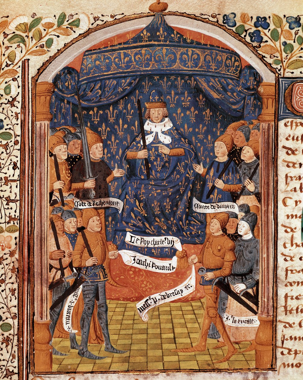 Százéves háború: „VII. Károly király körülveszi a magas méltóságokat és Jeanne of Arc” kép a „VII. Károly király virrasztásai” című kéziratból Jean Chartier krónikáiban alkotó: Unknown artist